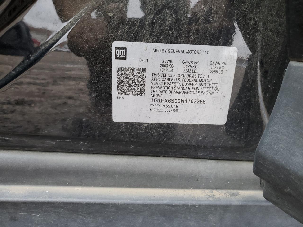 2022 CHEVROLET BOLT EV 2LT VIN:1G1FX6S00N4102266