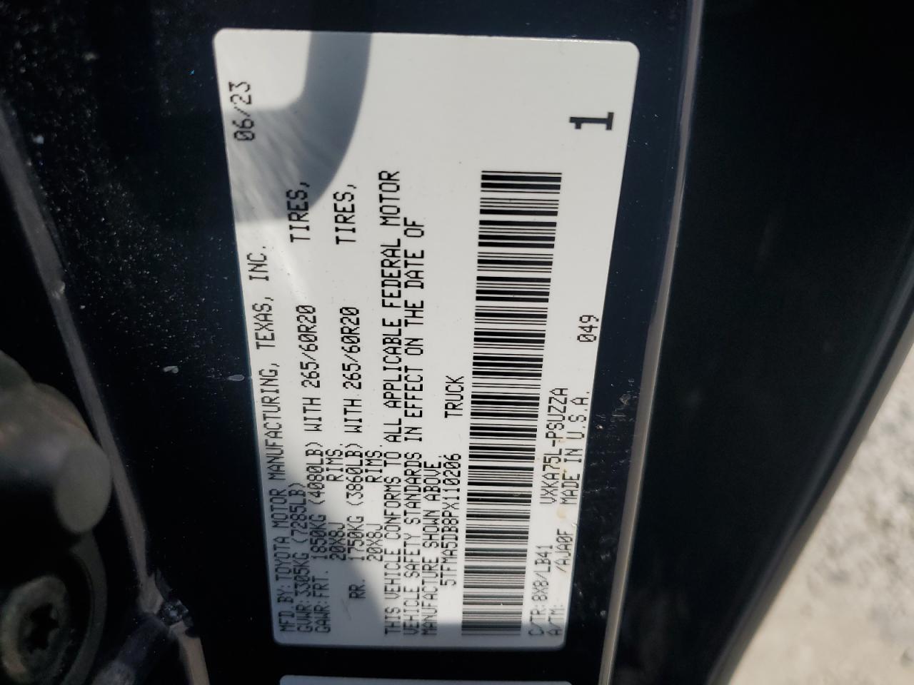 2023 TOYOTA TUNDRA CREWMAX PLATINUM VIN:5TFMA5DB8PX110206