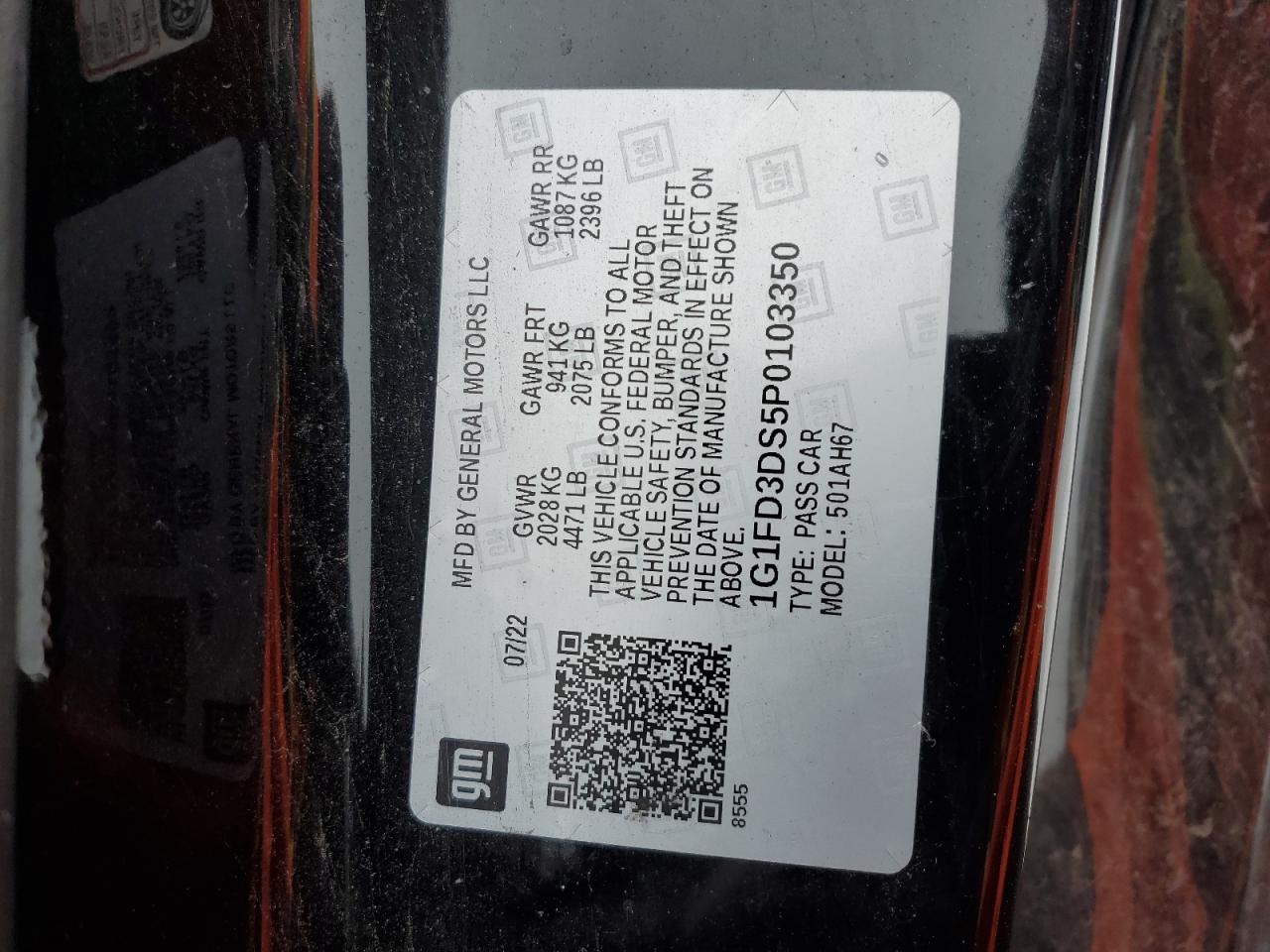 2023 CHEVROLET CAMARO LT VIN:1G1FD3DS5P0103350