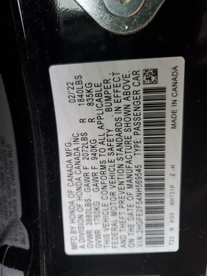 2022 HONDA CIVIC SPORT VIN:2HGFE2F54NH569545