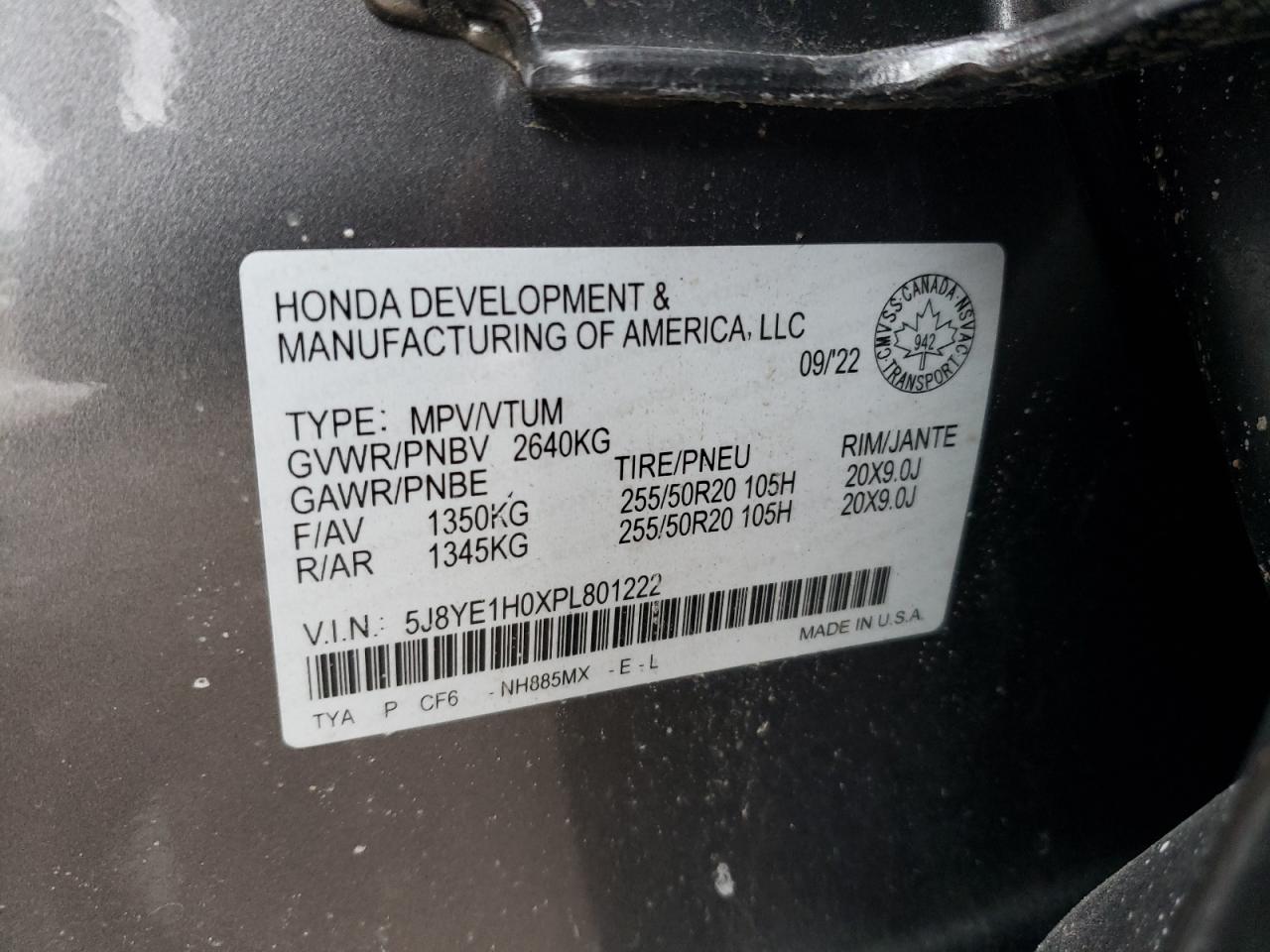 2023 ACURA MDX A-SPEC VIN:5J8YE1H0XPL801222