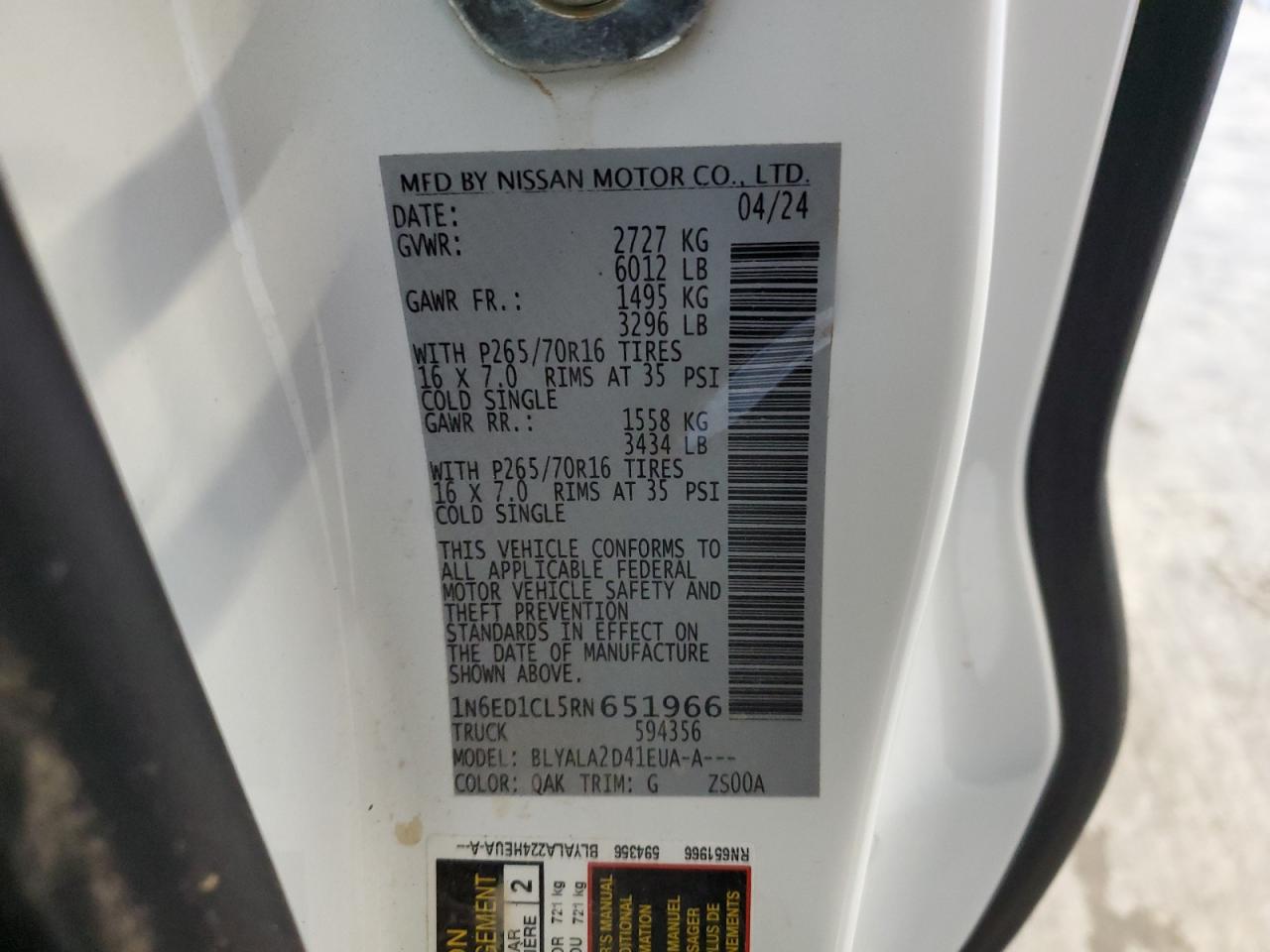 2024 NISSAN FRONTIER S VIN:1N6ED1CL5RN651966