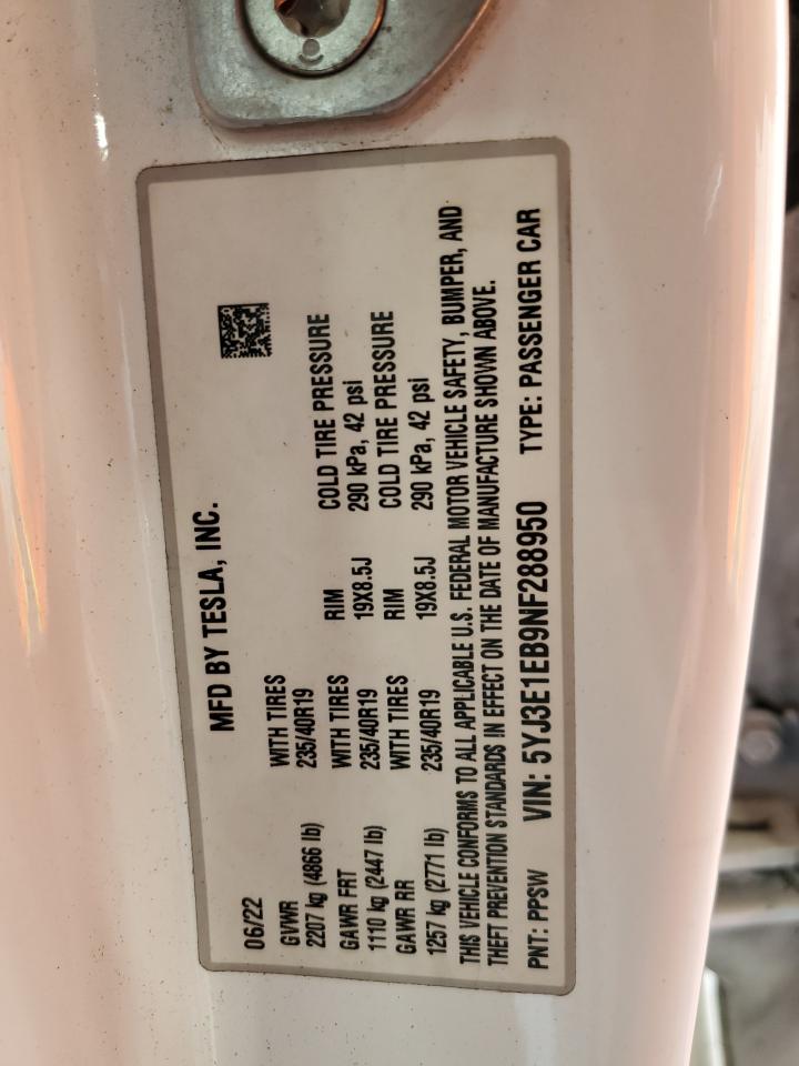 2022 TESLA MODEL 3 VIN:5YJ3E1EB9NF288950