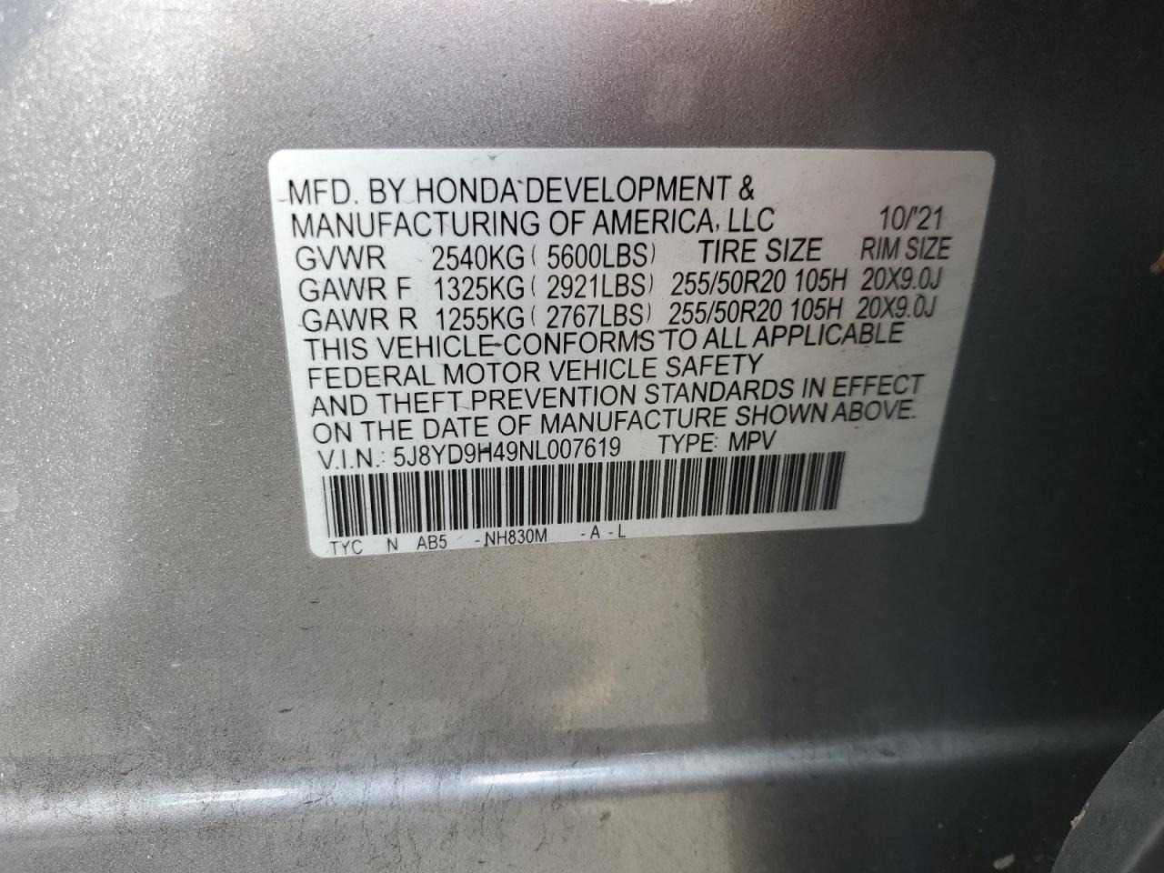 2022 ACURA MDX TECHNOLOGY VIN:5J8YD9H49NL007619