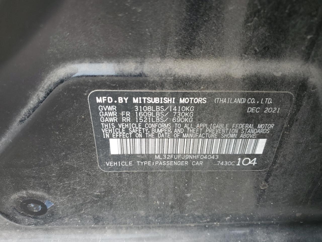 2022 MITSUBISHI MIRAGE G4 ES VIN:ML32FUFJ9NHF04043