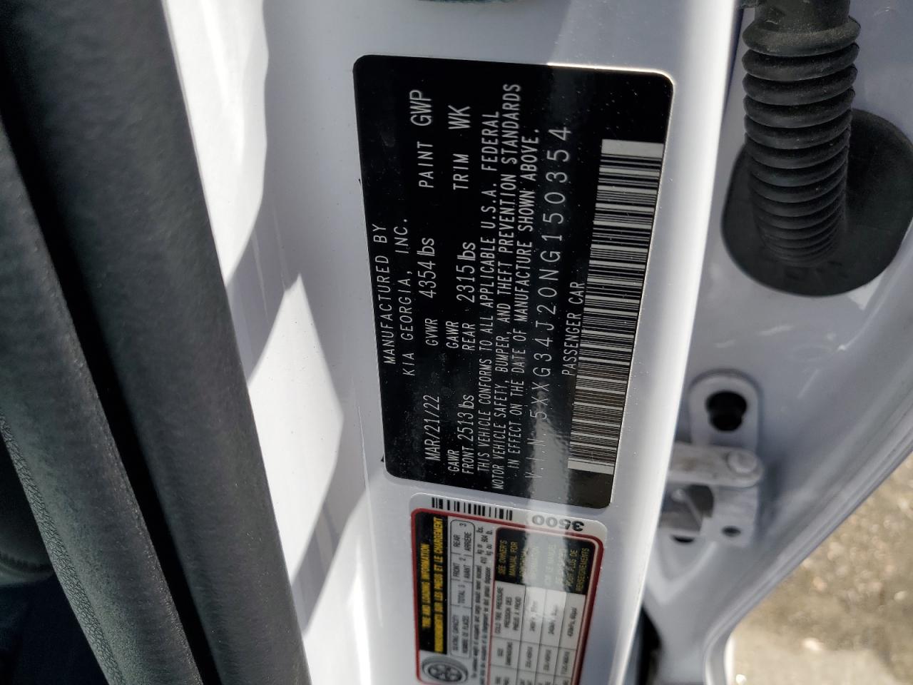 2022 KIA K5 EX VIN:5XXG34J20NG150354