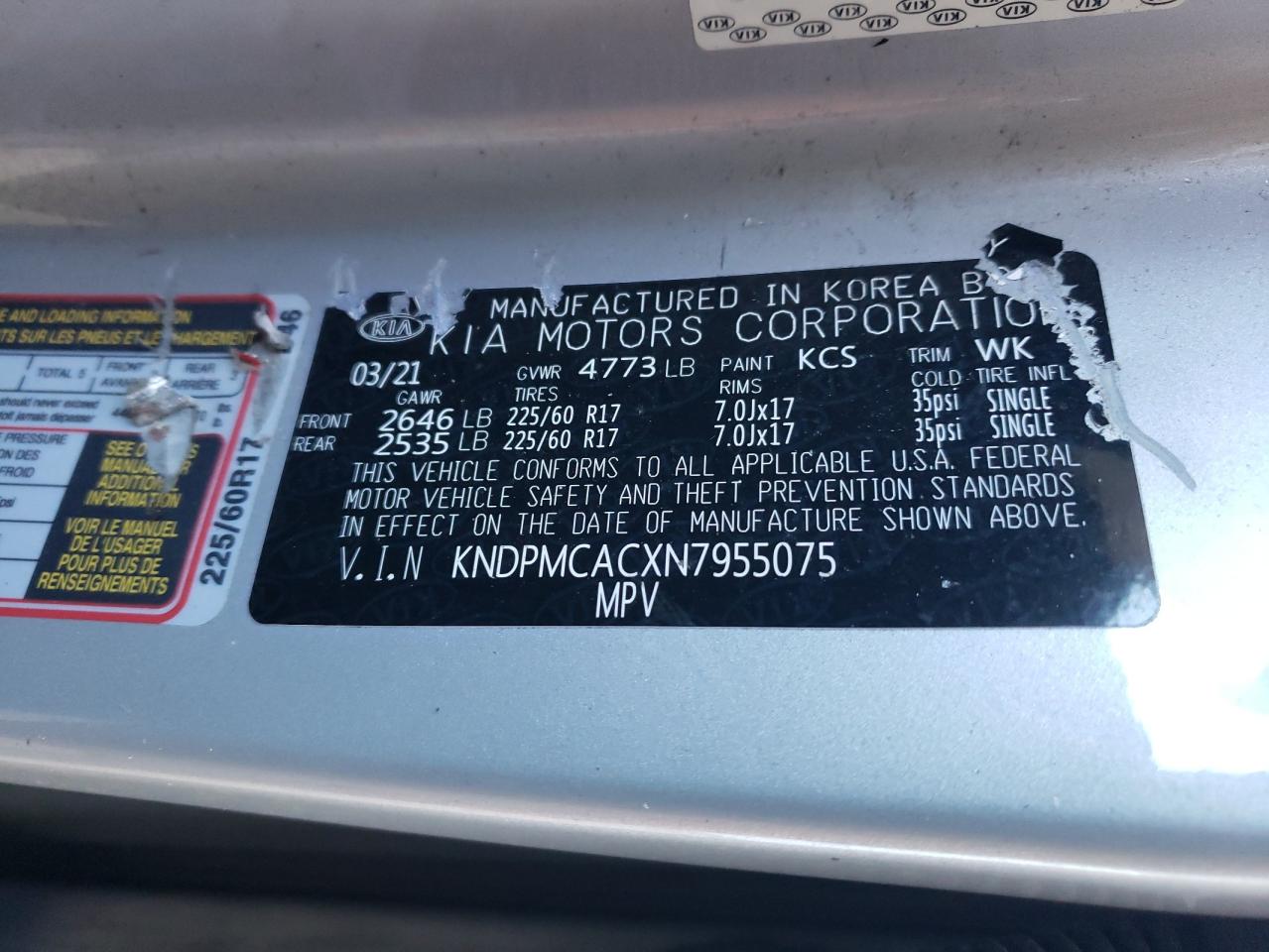 2022 KIA SPORTAGE LX VIN:KNDPMCACXN7955075