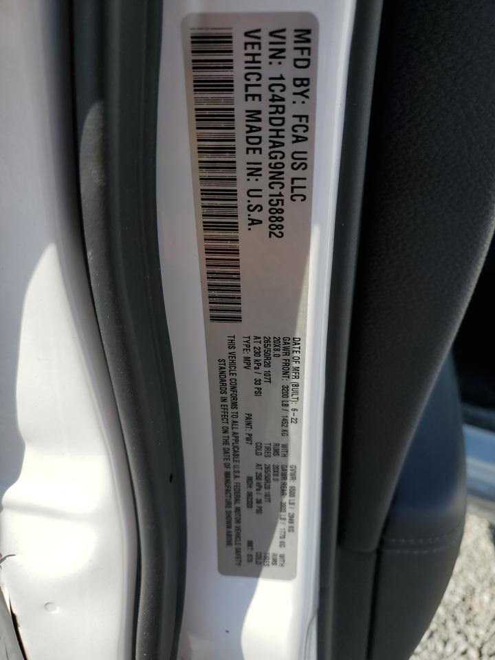 2022 DODGE DURANGO SXT VIN:1C4RDHAG9NC158882