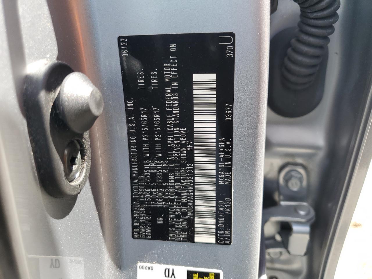 2022 TOYOTA COROLLA CROSS LE VIN:7MUCAAAG4NV021312