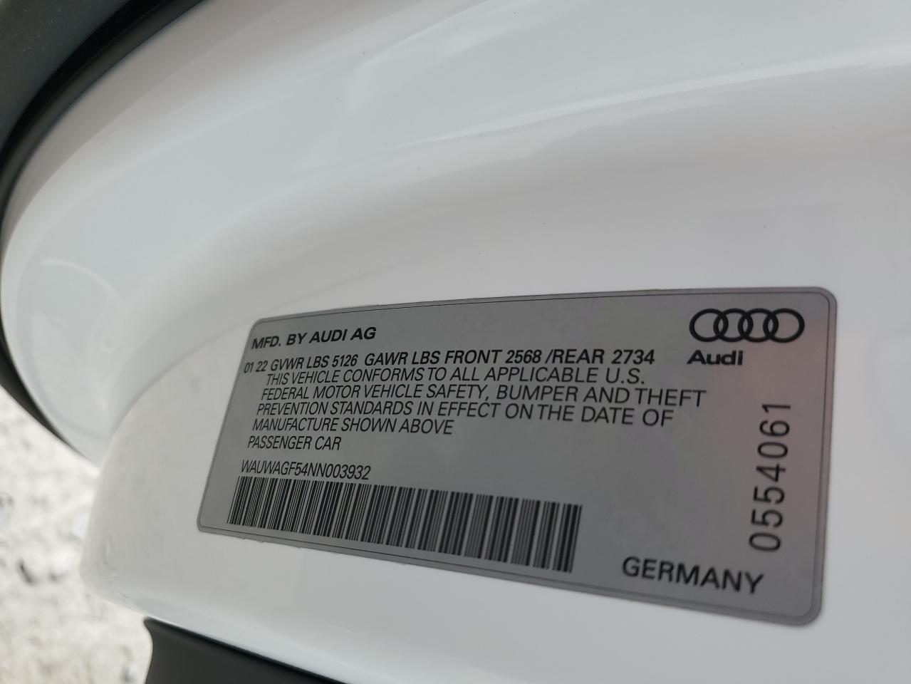 2022 AUDI A5 PREMIUM PLUS 45 VIN:WAUWAGF54NN003932