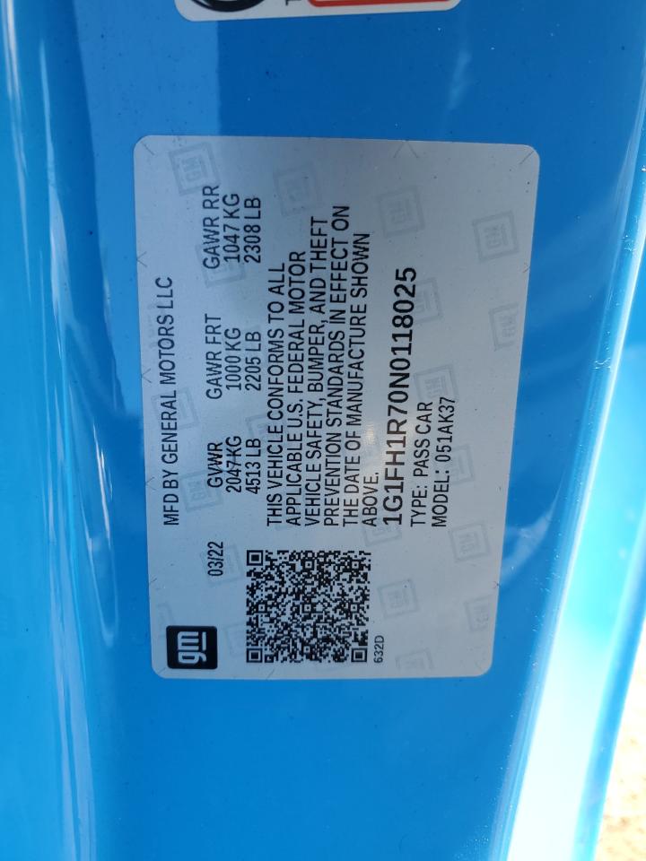 2022 CHEVROLET CAMARO SS VIN:1G1FH1R70N0118025