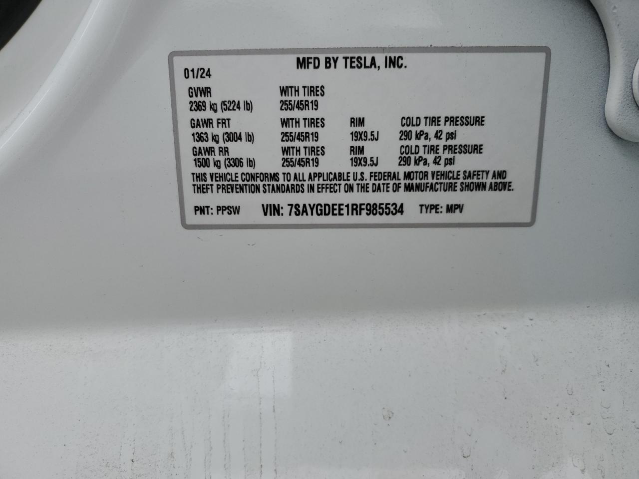 2024 TESLA MODEL Y VIN:7SAYGDEE1RF985534