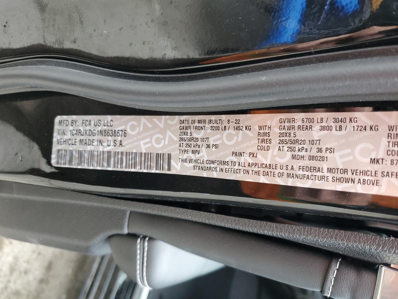 2022 JEEP GRAND CHEROKEE L OVERLAND VIN:1C4RJKDG1N8638676