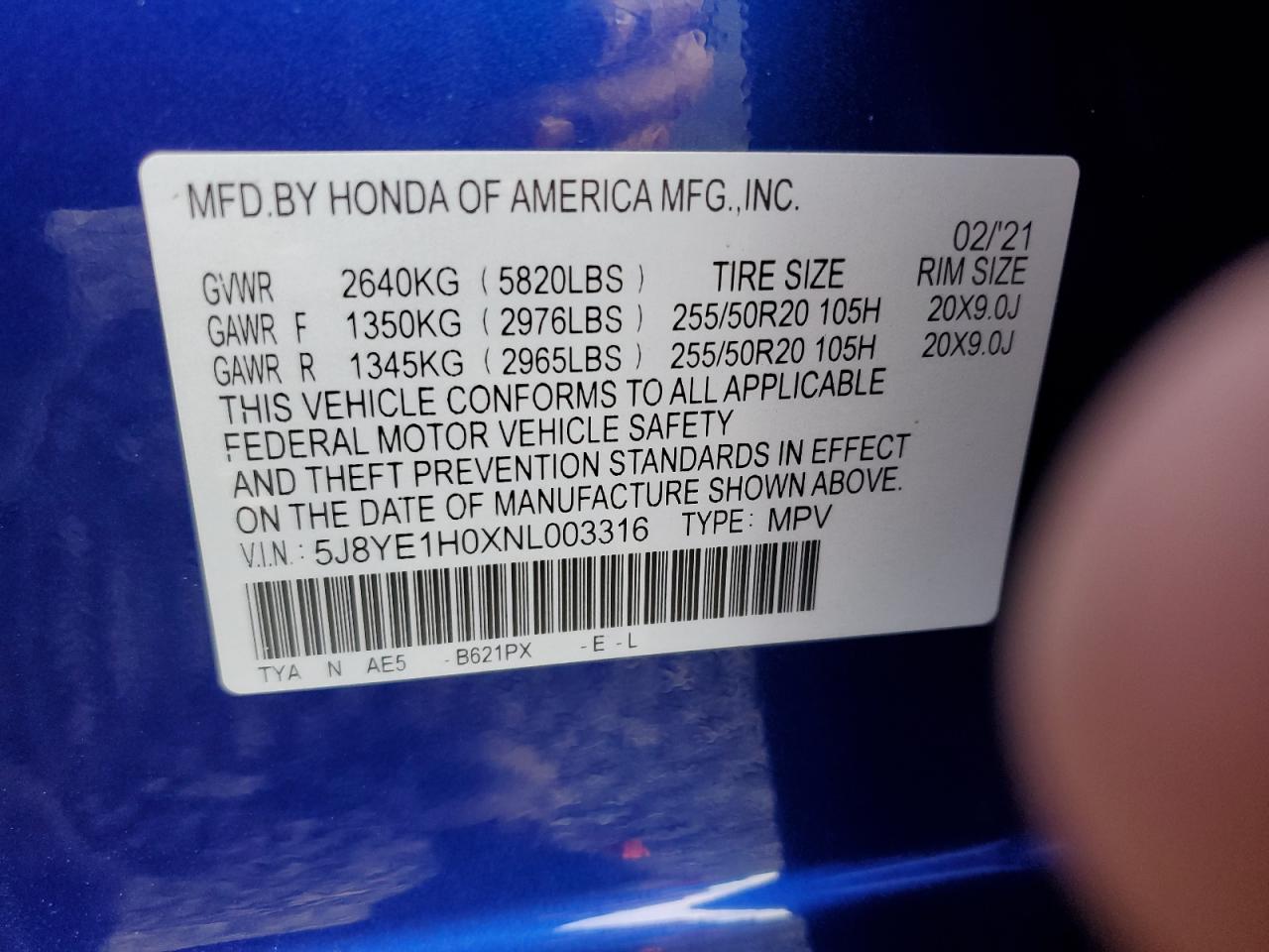 2022 ACURA MDX A-SPEC VIN:5J8YE1H0XNL003316