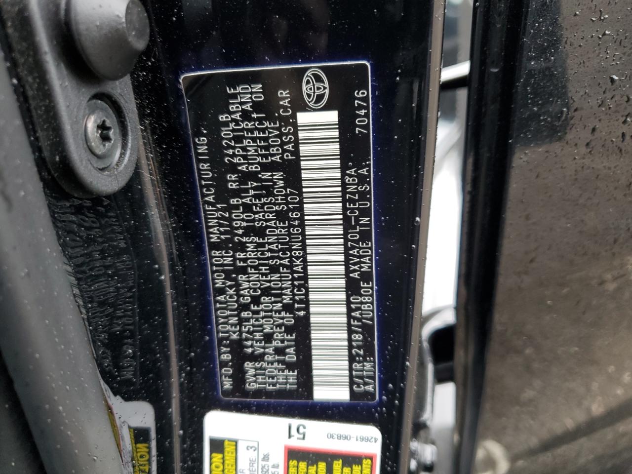 2022 TOYOTA CAMRY LE VIN:4T1C11AK8NU646107