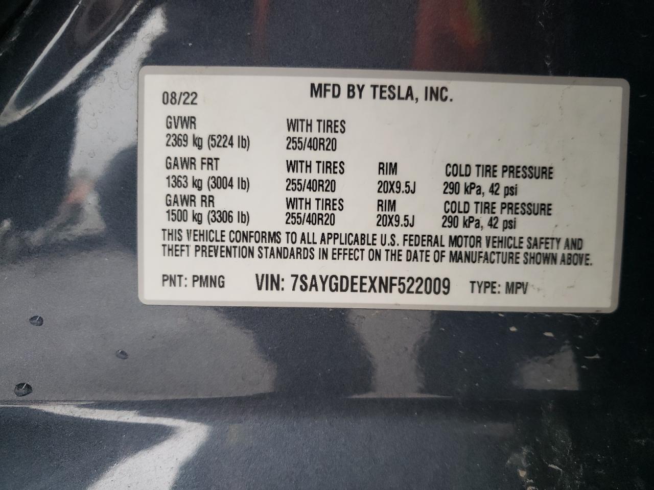 2022 TESLA MODEL Y VIN:7SAYGDEEXNF522009