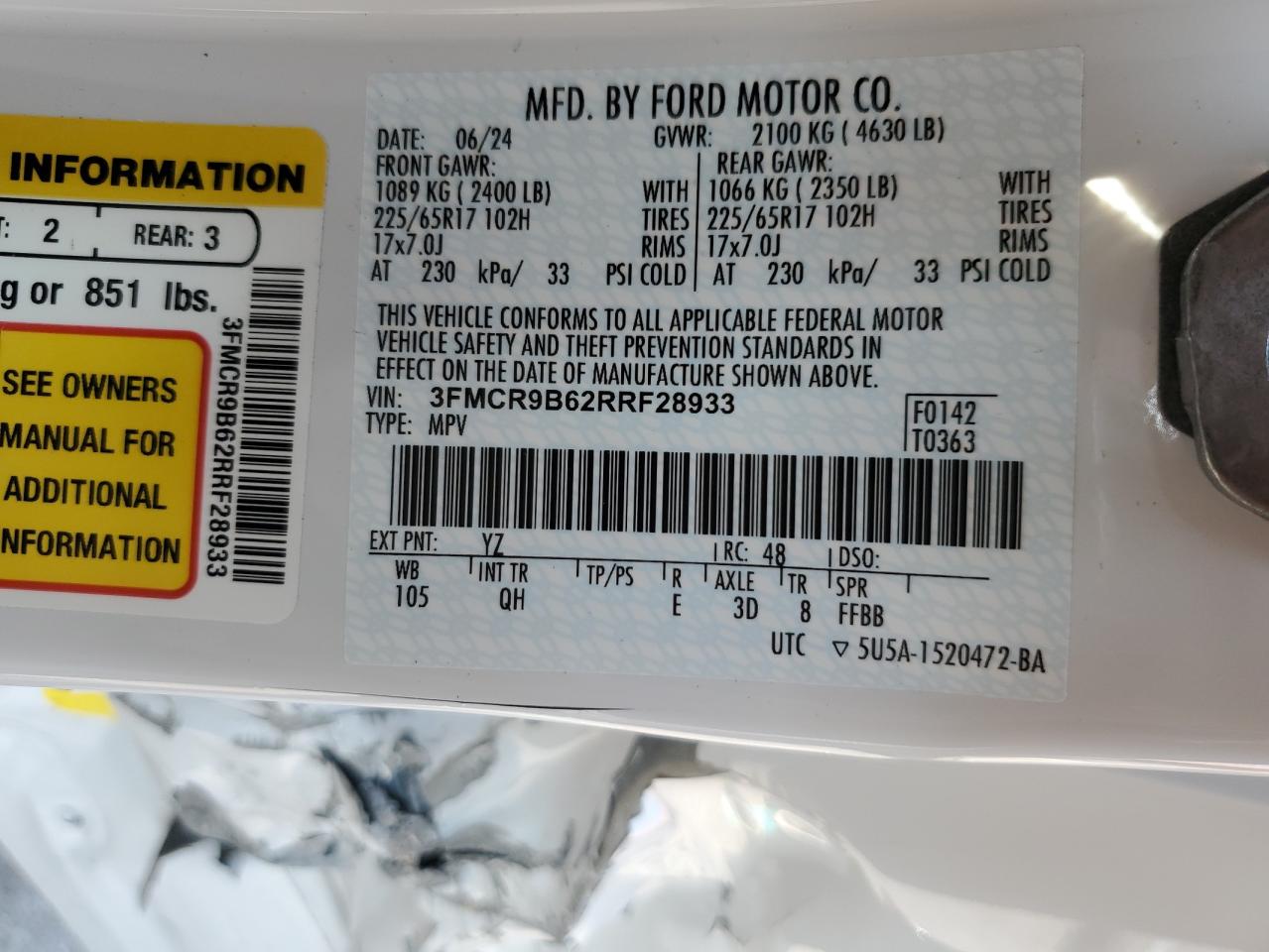 2024 FORD BRONCO SPORT BIG BEND VIN:3FMCR9B62RRF28933