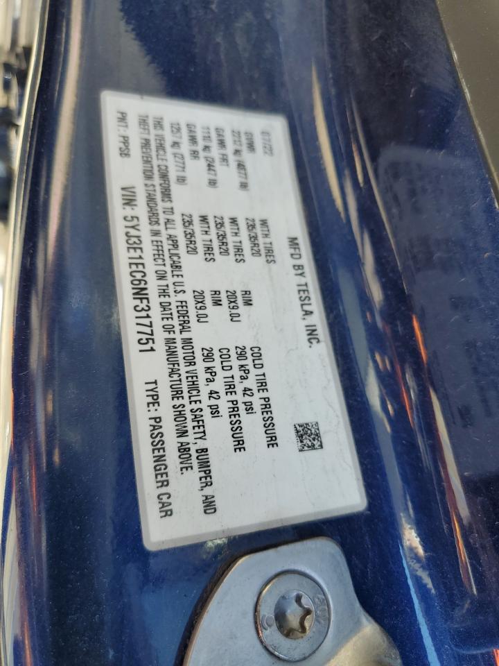 2022 TESLA MODEL 3 VIN:5YJ3E1EC6NF317751