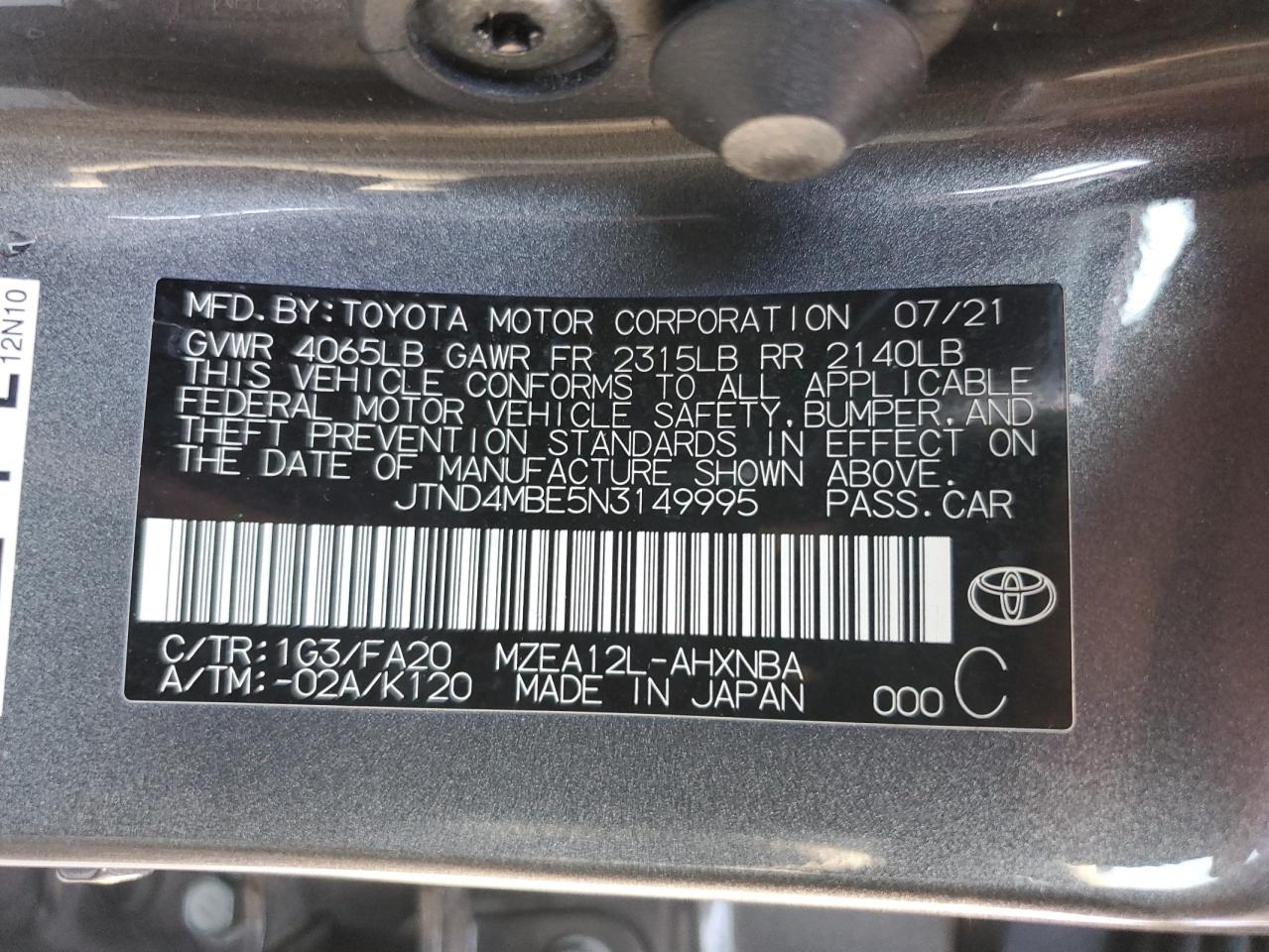 2022 TOYOTA COROLLA SE VIN:JTND4MBE5N3149995