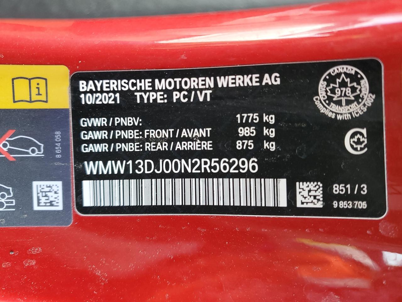 2022 MINI COOPER SE VIN:WMW13DJ00N2R56296