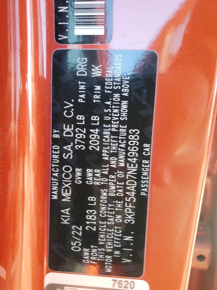2022 KIA FORTE GT LINE VIN:3KPF54AD7NE496983