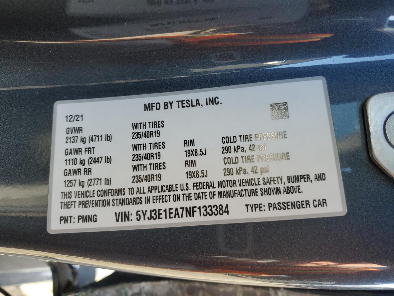 2022 TESLA MODEL 3 VIN:5YJ3E1EA7NF133384