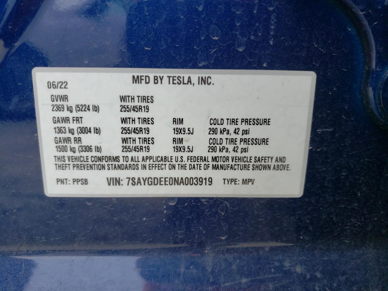 2022 TESLA MODEL Y VIN:7SAYGDEE0NA003919