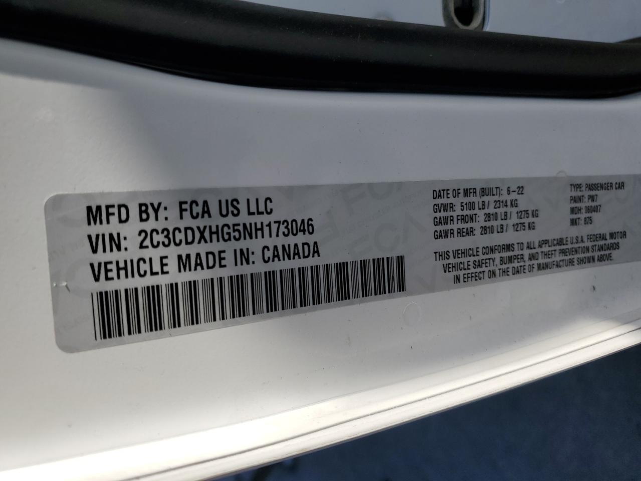 2022 DODGE CHARGER GT VIN:2C3CDXHG5NH173046