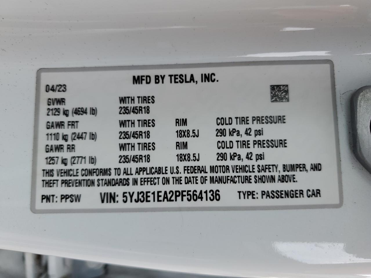 2023 TESLA MODEL 3 VIN:5YJ3E1EA2PF564136
