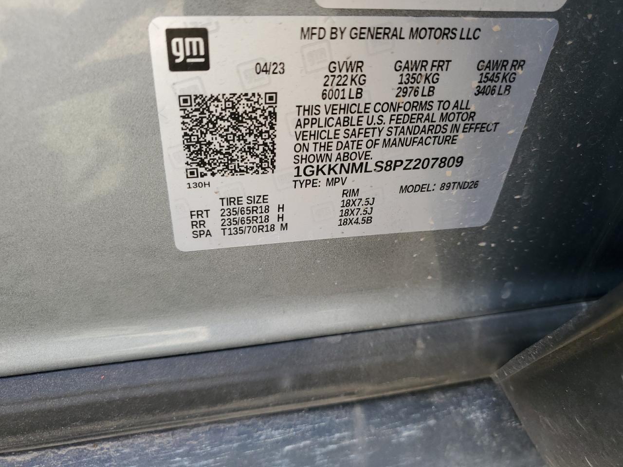 2023 GMC ACADIA SLT VIN:1GKKNMLS8PZ207809