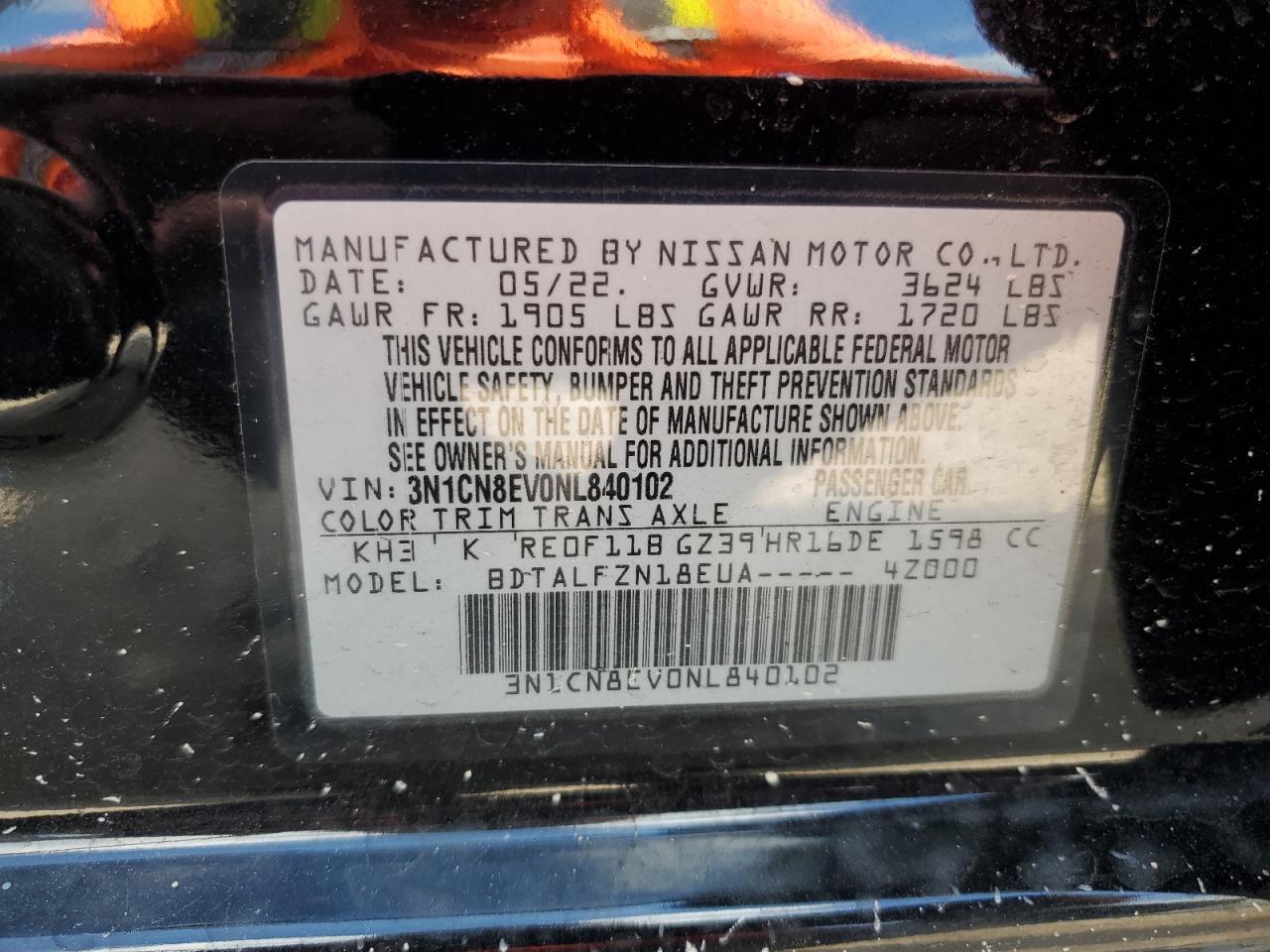 2022 NISSAN VERSA SV VIN:3N1CN8EV0NL840102