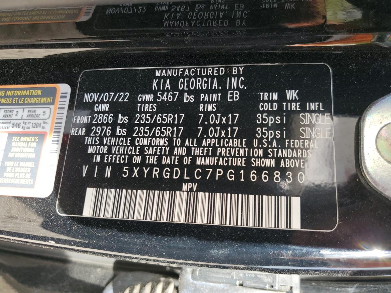 2023 KIA SORENTO LX VIN:5XYRGDLC7PG166830