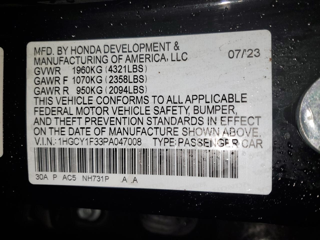 2023 HONDA ACCORD EX VIN:1HGCY1F33PA047008