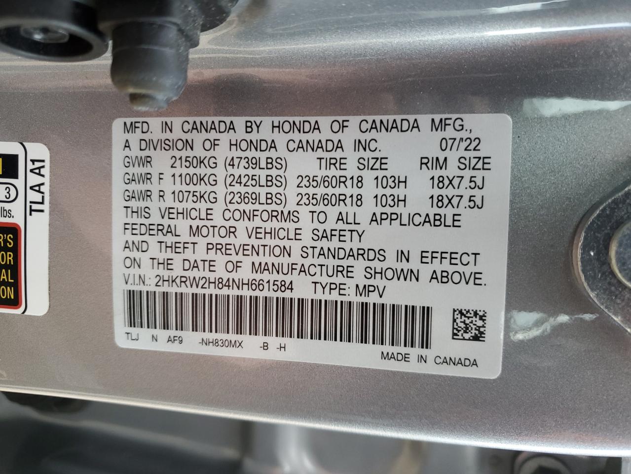 2022 HONDA CR-V EXL VIN:2HKRW2H84NH661584