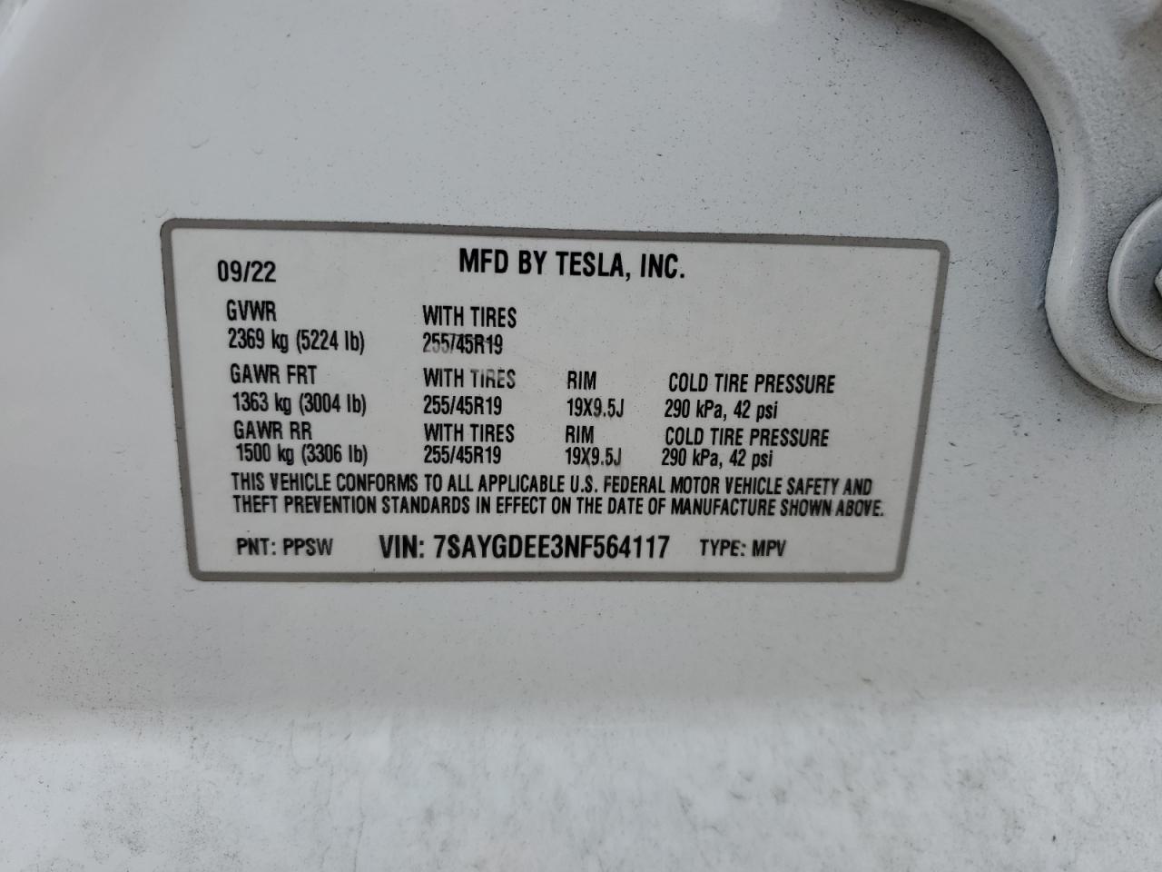 2022 TESLA MODEL Y VIN:7SAYGDEE3NF564117