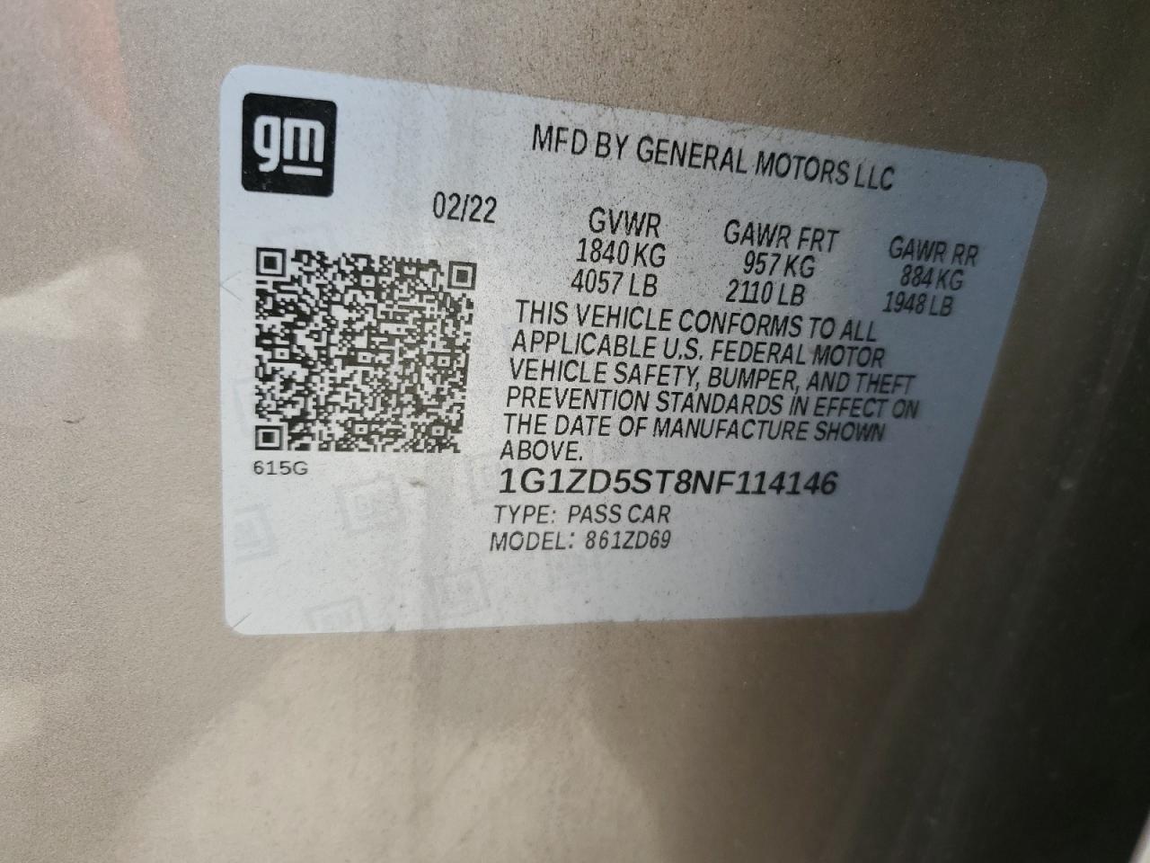 2022 CHEVROLET MALIBU LT VIN:1G1ZD5ST8NF114146