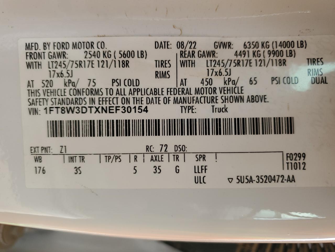 2022 FORD F350 SUPER DUTY VIN:1FT8W3DTXNEF30154