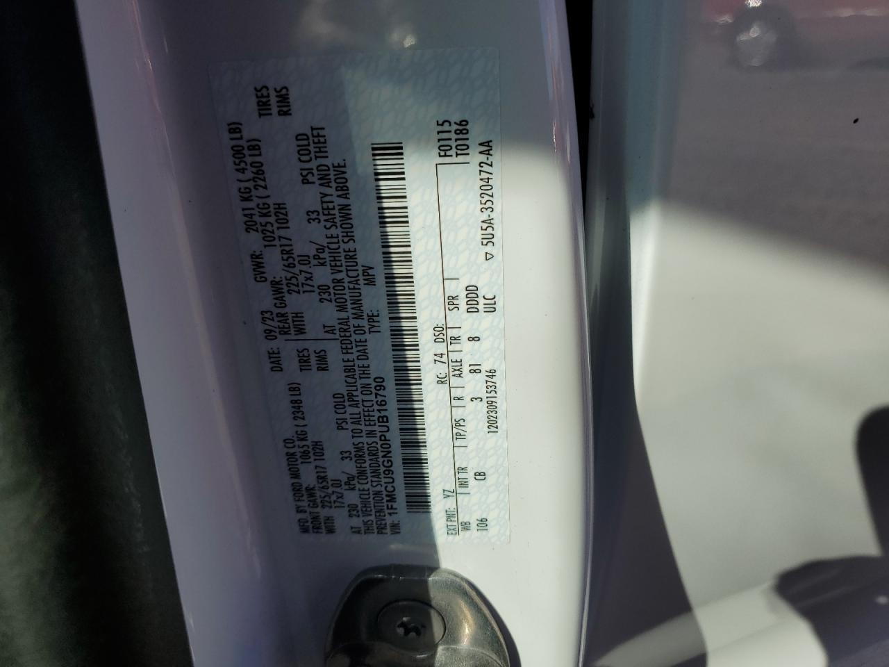2023 FORD ESCAPE ACTIVE VIN:1FMCU9GN0PUB16790