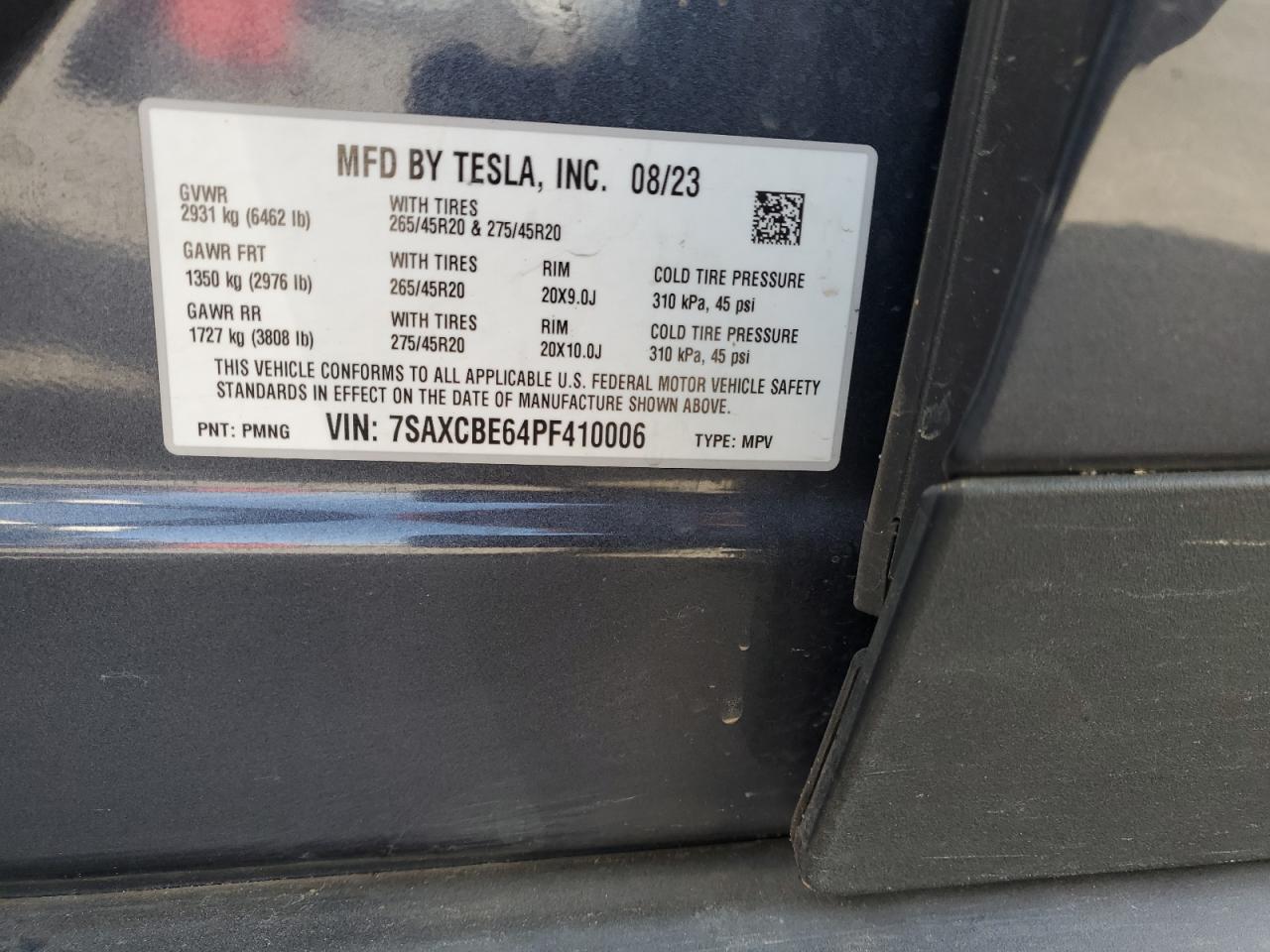 2023 TESLA MODEL X VIN:7SAXCBE64PF410006