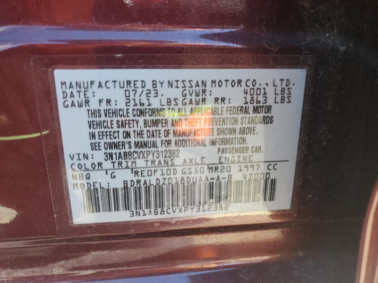 2023 NISSAN SENTRA SV VIN:3N1AB8CVXPY312382