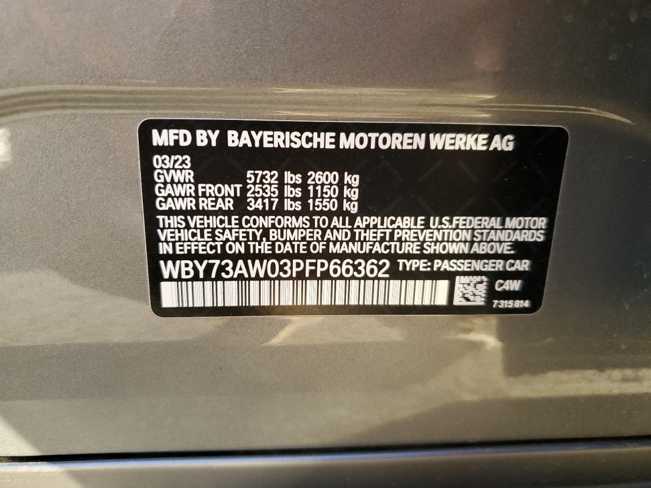 2023 BMW I4 EDRIVE 40 VIN:WBY73AW03PFP66362