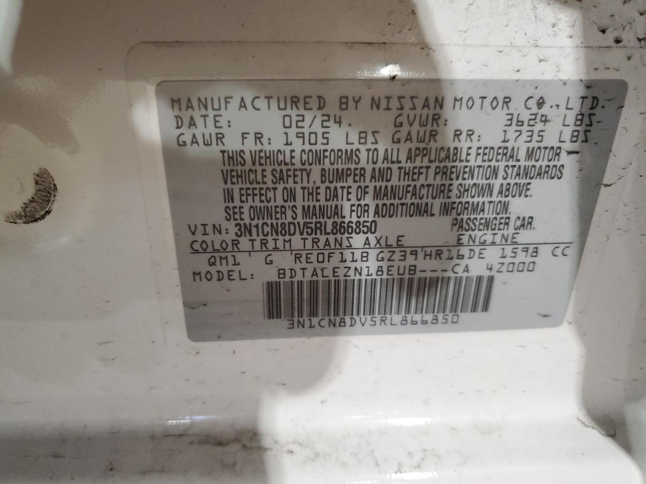 2024 NISSAN VERSA S VIN:3N1CN8DV5RL866850