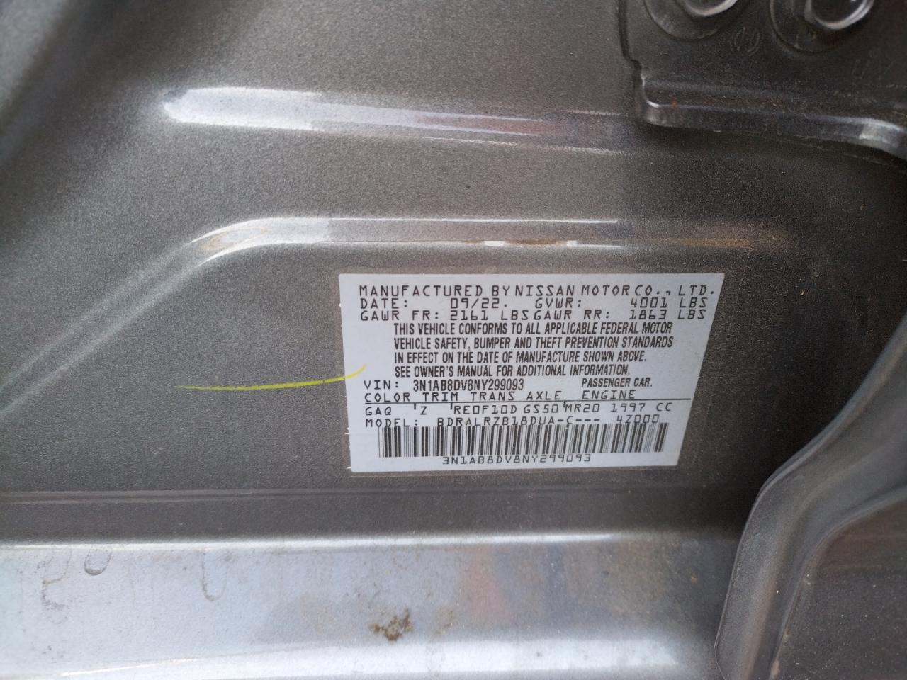 2022 NISSAN SENTRA SR VIN:3N1AB8DV8NY299093