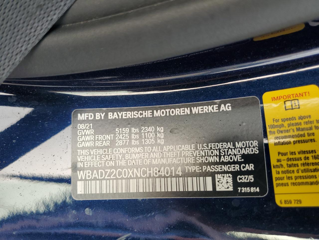 2022 BMW 840I VIN:WBADZ2C0XNCH84014