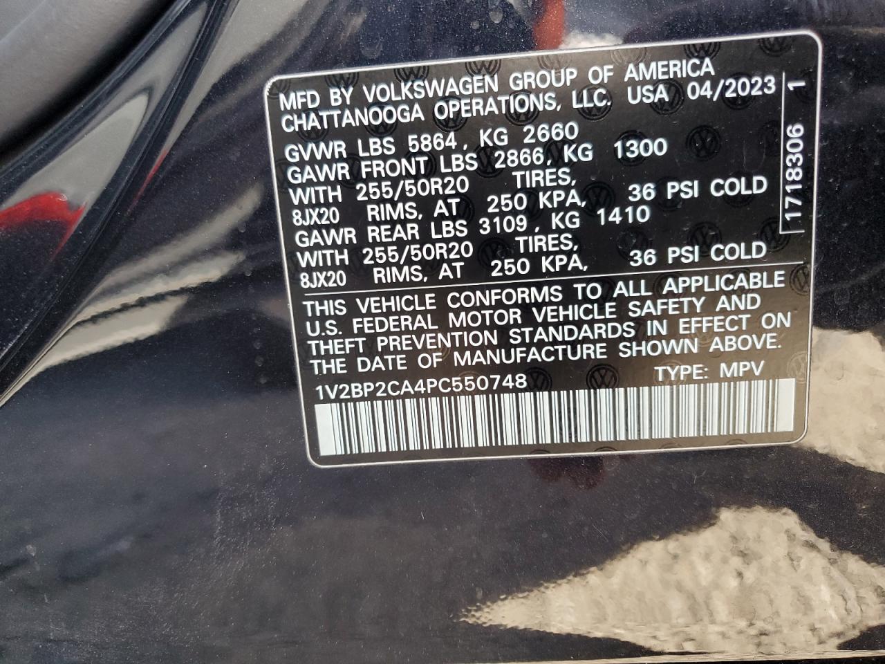 2023 VOLKSWAGEN ATLAS SEL VIN:1V2BP2CA4PC550748