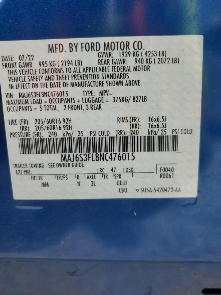 2022 FORD ECOSPORT S VIN:MAJ6S3FL8NC476015