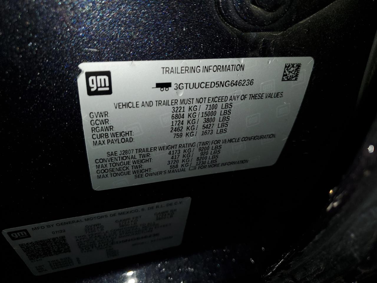 2022 GMC SIERRA K1500 ELEVATION VIN:3GTUUCED5NG646236