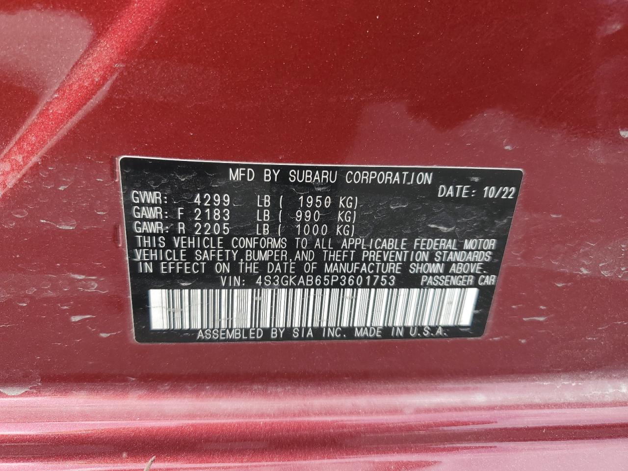 2023 SUBARU IMPREZA VIN:4S3GKAB65P3601753