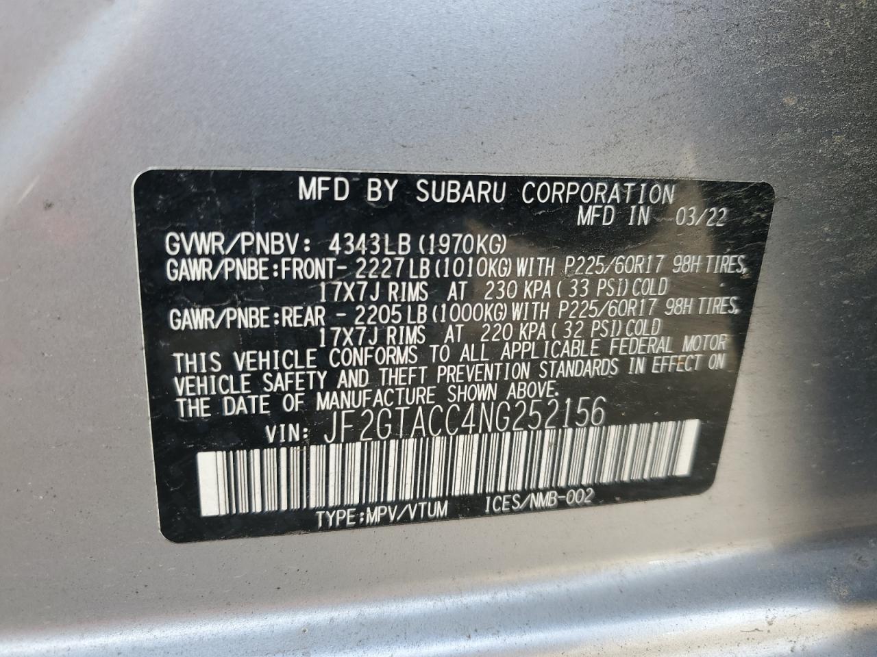 2022 SUBARU CROSSTREK PREMIUM VIN:JF2GTACC4NG252156