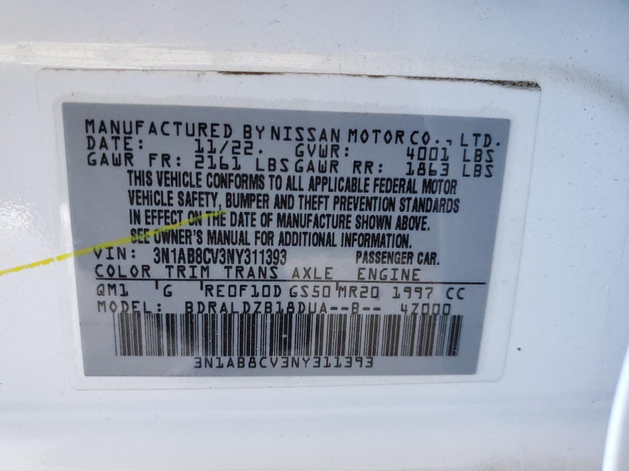 2022 NISSAN SENTRA SV VIN:3N1AB8CV3NY311393
